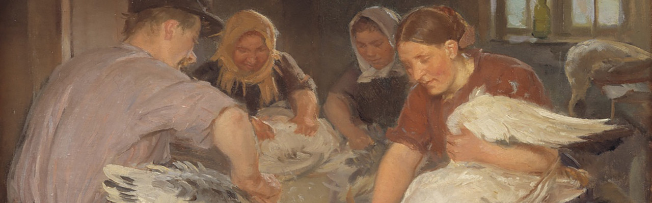 Udsnit af Anna Anchers maleri Julegæssene plukkes fra 1904. Foto: Statens Museum for Kunst